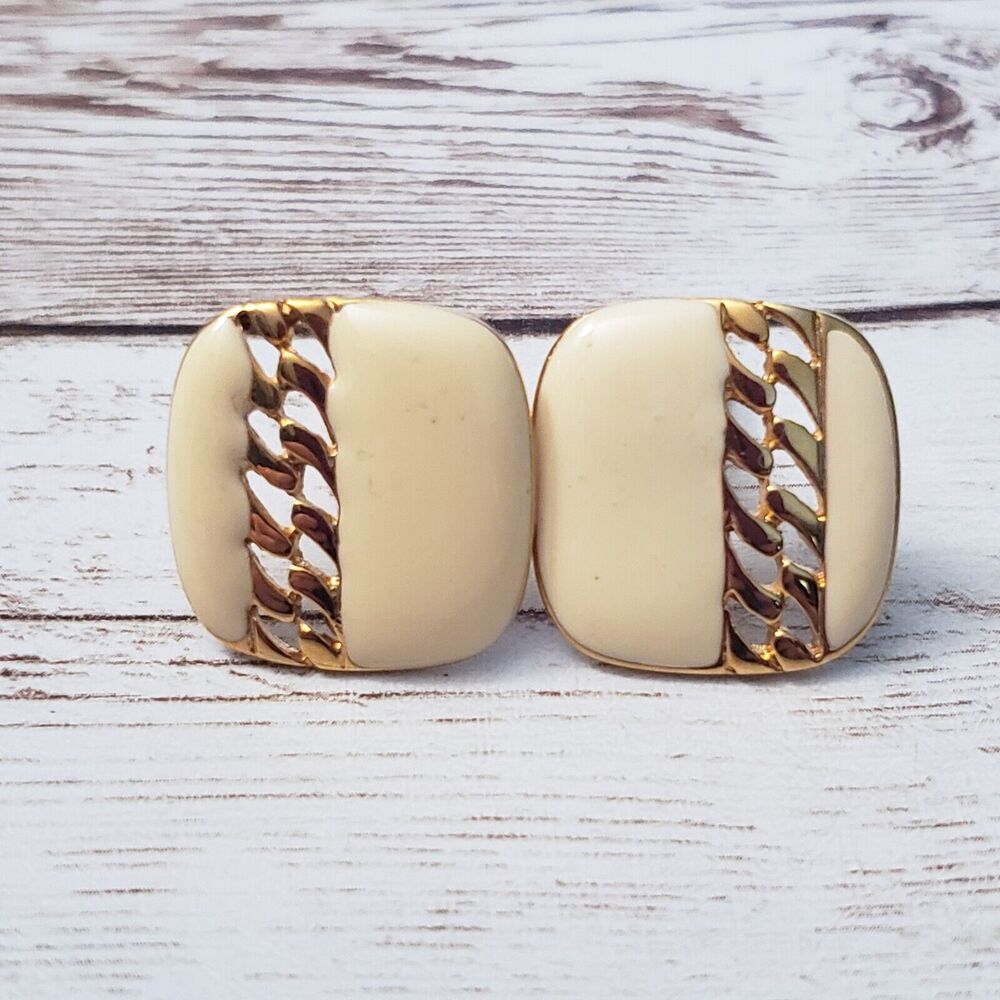Vintage Clip On Earrings - Rounded Square Shape Cream & Gold Tone 7/8"